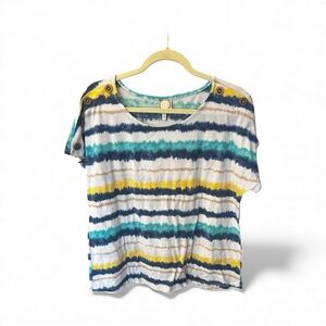 Tru Self Striped Short Sleeve Top with Button Detail